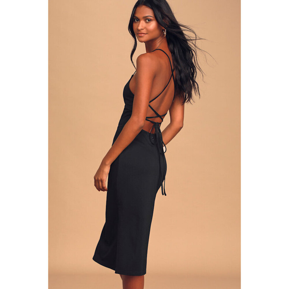 Lulus Sultry Touch Black Lace-up Bodycon Midi Dress - Size S